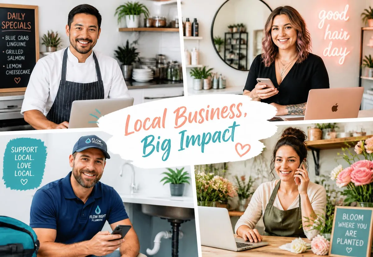 Local business owners — a chef, stylist, plumber and florist — running their shops online